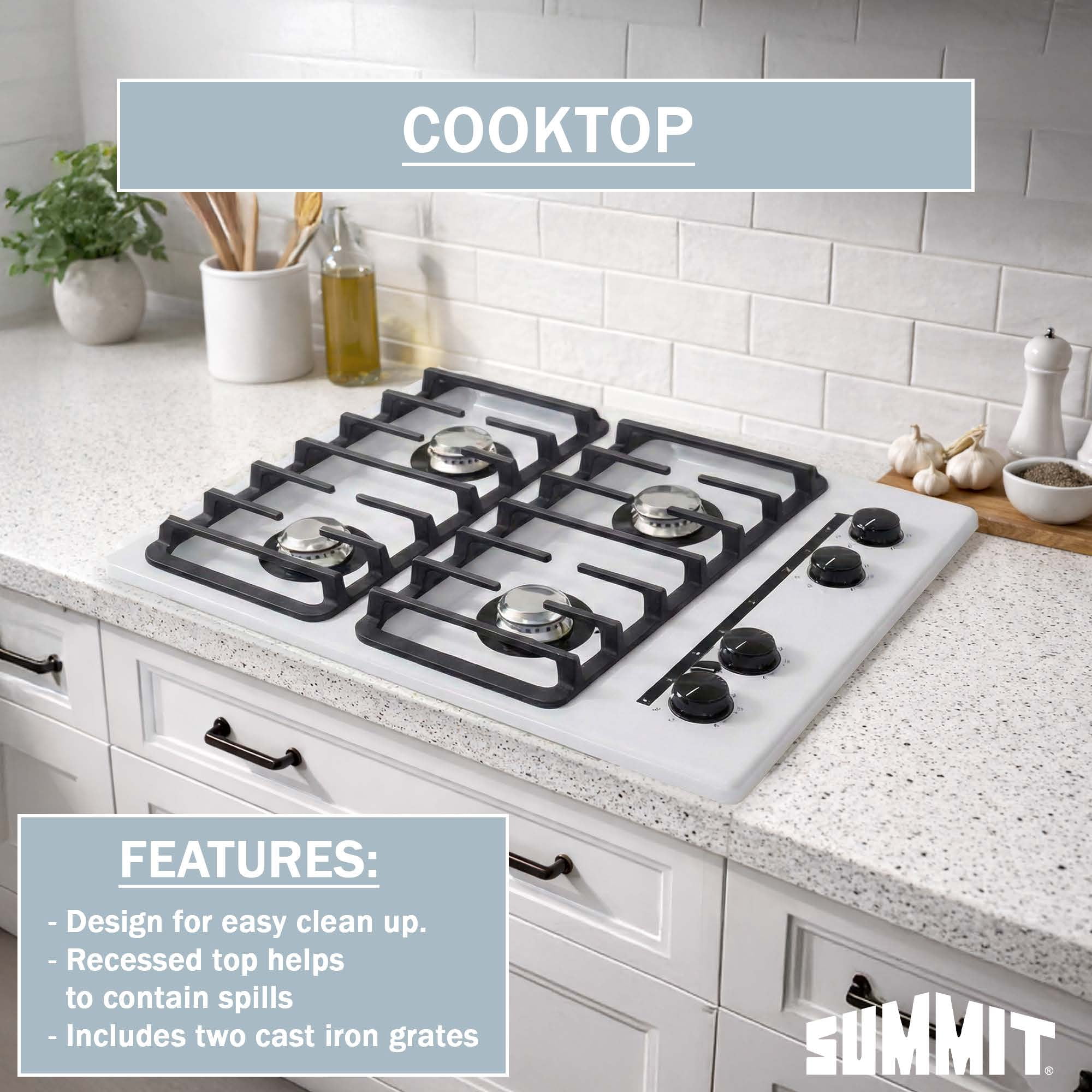 Summit 24 Inch Gas Cooktop, 4 Burners, Electric Ignition, 115V-3 Gas Cooktop, Made in the USA, White- WNL033I