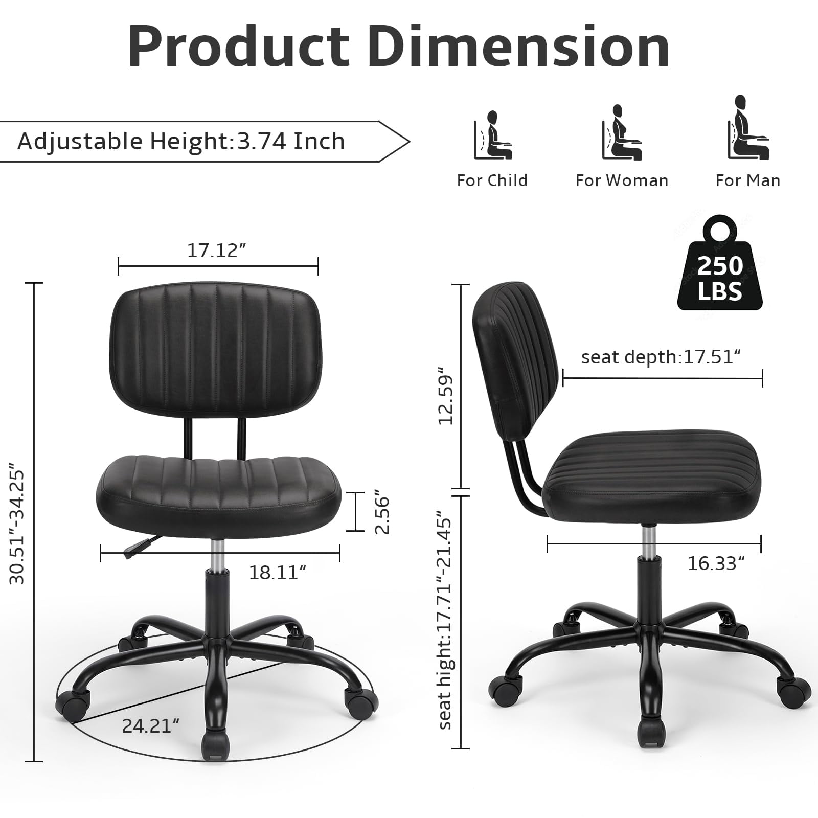 edx Adjustable Height Armless Office Desk Chair with Wheels, PU Leather Mid Back 360°Swivel Small Computer Chair, Modern Task Chair for Home Office Reading Meeting Room, Black