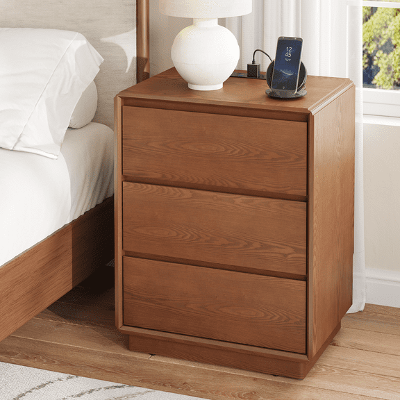 Solid Wood Nightstand with 3 Drawers and Charging Station for Bedroom, Rustic Night Stand Bedside Table, Mid Century End Side Table for Living Room, Brown