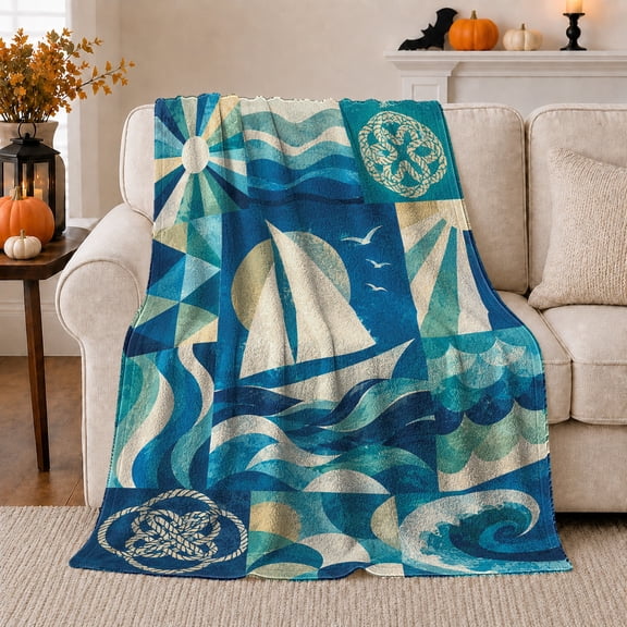 Sailboat with Waves and Coastal Blocks, Serene Coastal Style for Beach Lovers, Blue Nautical Patchwork Scene and Housewarming Gift, Cozy Flannel Blanket for Beach House and Bedroom, Home Decor