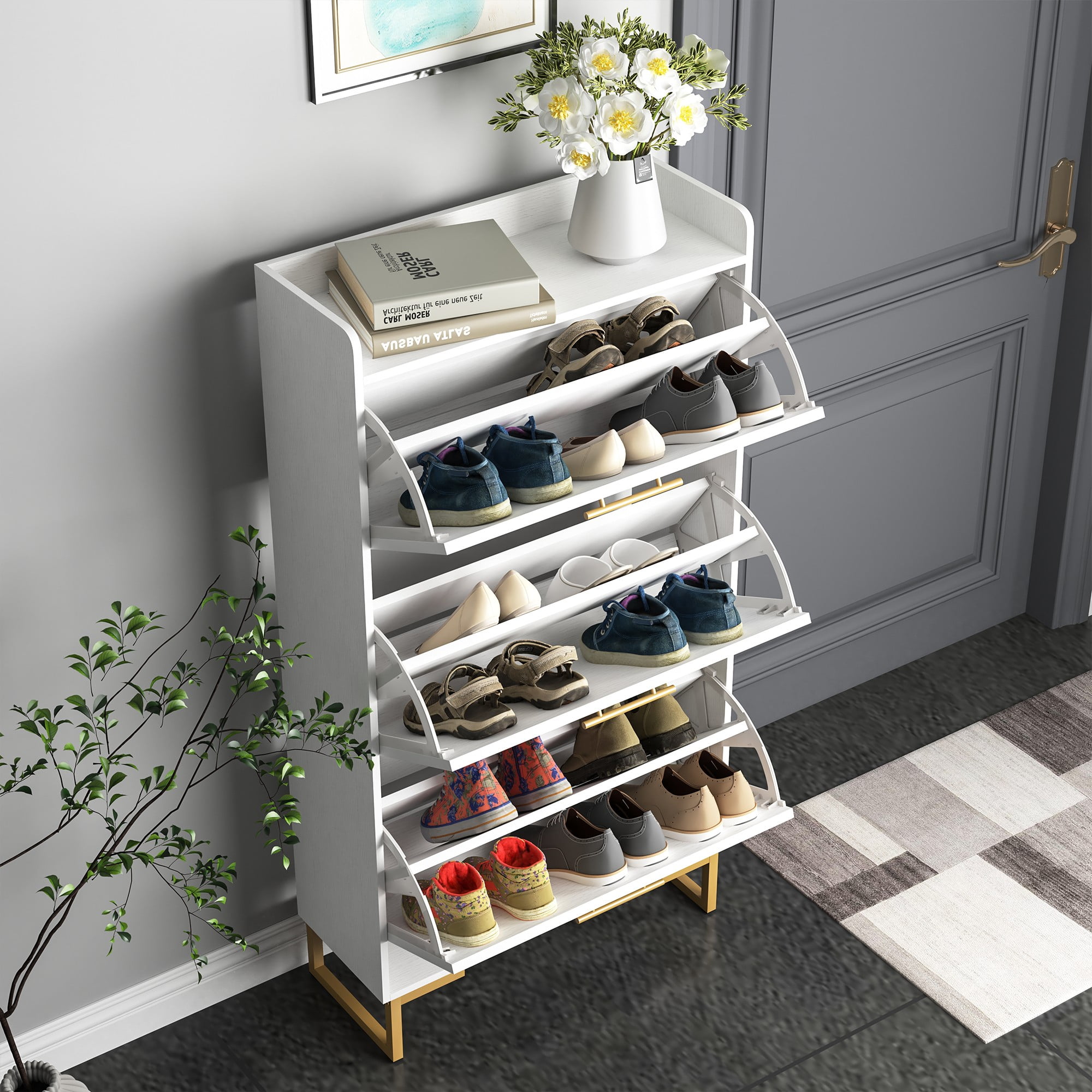 Finihen Shoe Cabinet, Free Standing Tipping Bucket Shoe Rack Organizer with 3 Flip Drawers, Slim Hidden Entryway Narrow Shoe Storage, White Finihen Shoe Cabinet, Free Standing Tipping Bucket Shoe Rack Organizer with 3 Flip Drawers, Slim Hidden Entryway Narrow Shoe Storage, White