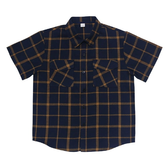 ZQUUVOU Men's Shirts Turndown Collar Plaid Casual Button Double Pockets Short Sleeve with Blouses (Yellow,XL)