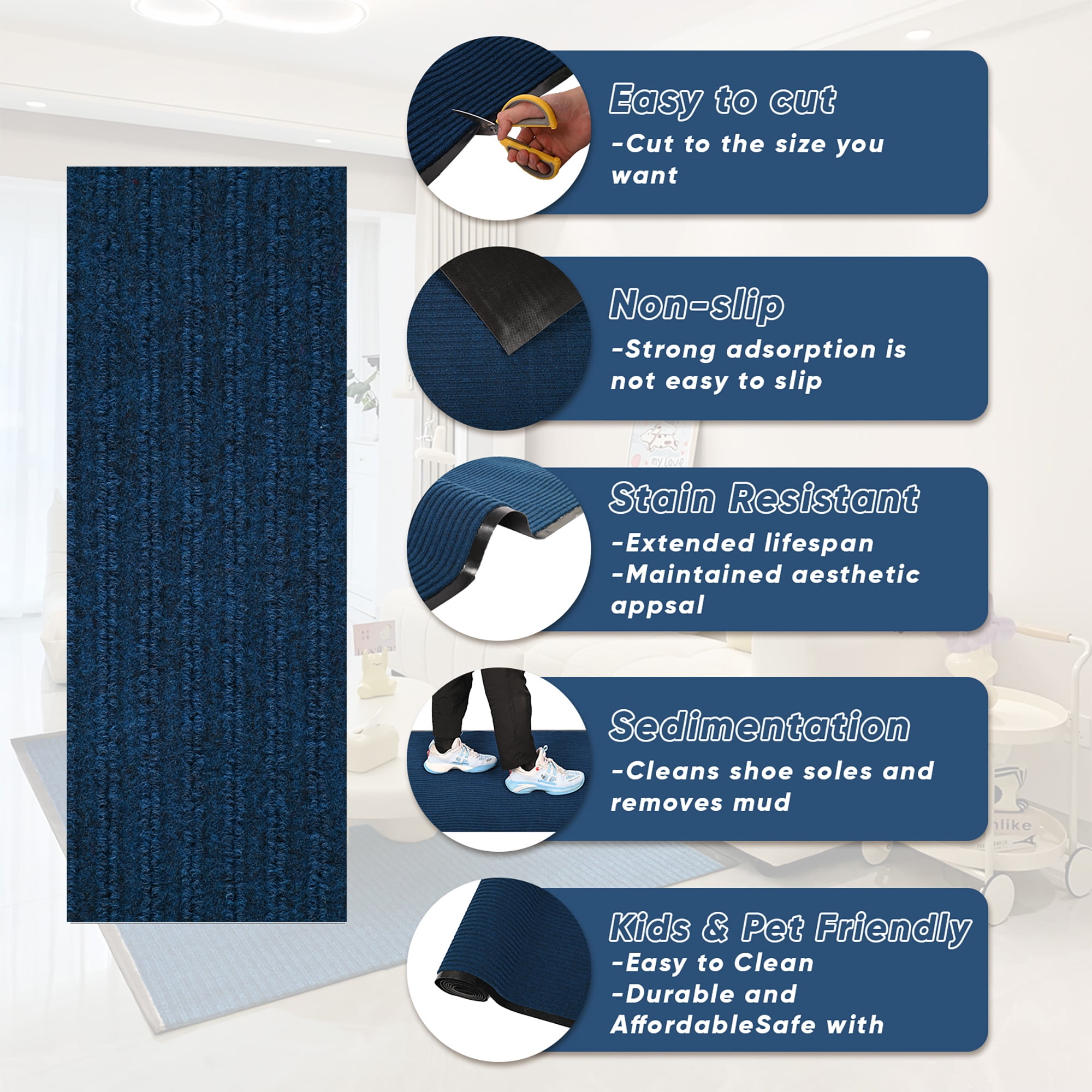 WANLISELL 3 x 10 ft Commercial Rug, Non-Slip Runner Rug Entrance Mat, Indoor Outdoor Front Door Mat for High Traffic Areas, Blue