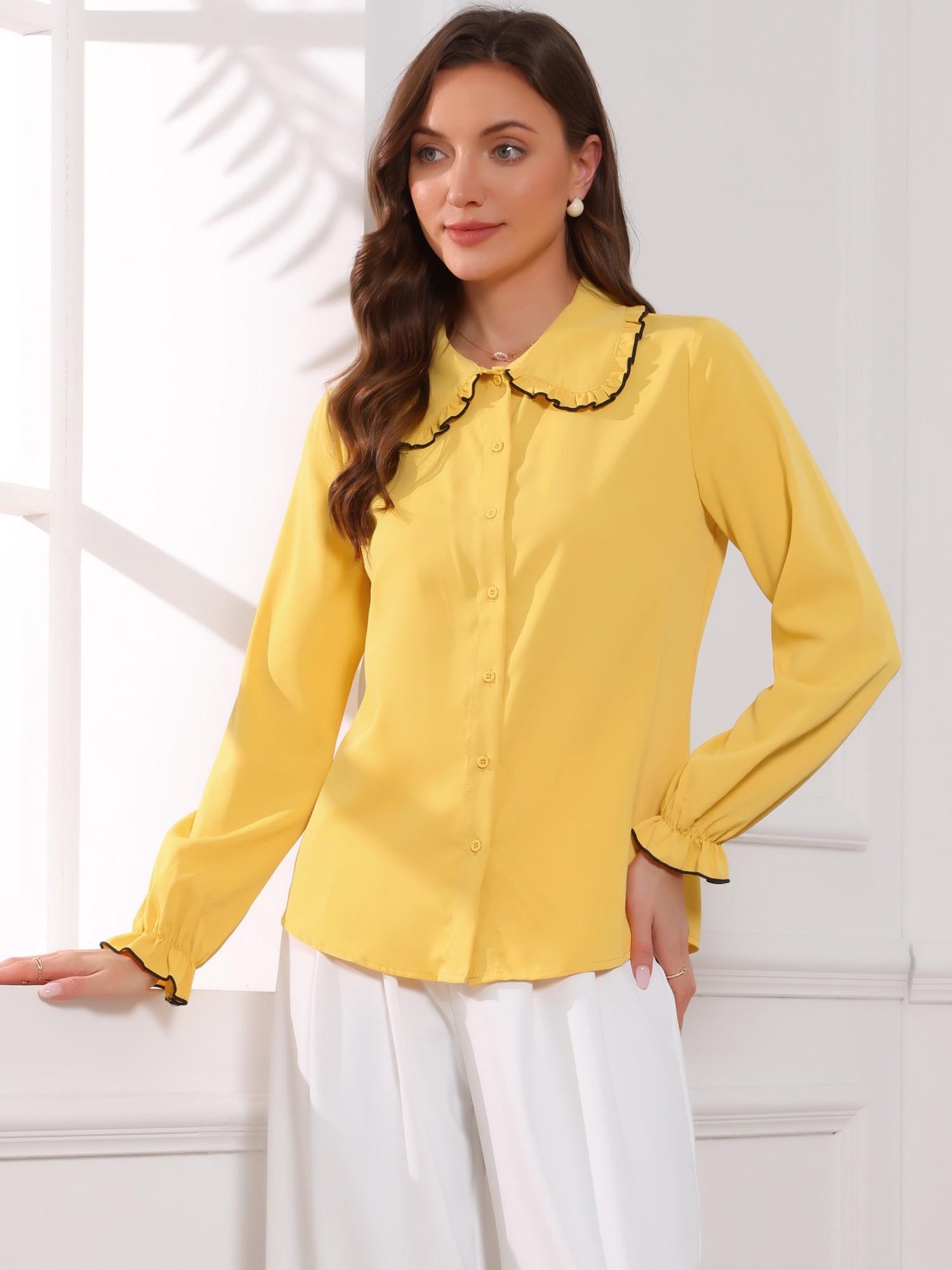 DARING DIVA Women's Long Sleeve Peter Pan Collar Button Down Blouse M Yellow