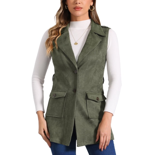 INSPIRE CHIC Chaleco sin mangas de ante con cinturón de lazo y solapa para mujer, de corte sencillo, color verde militar, talla XL