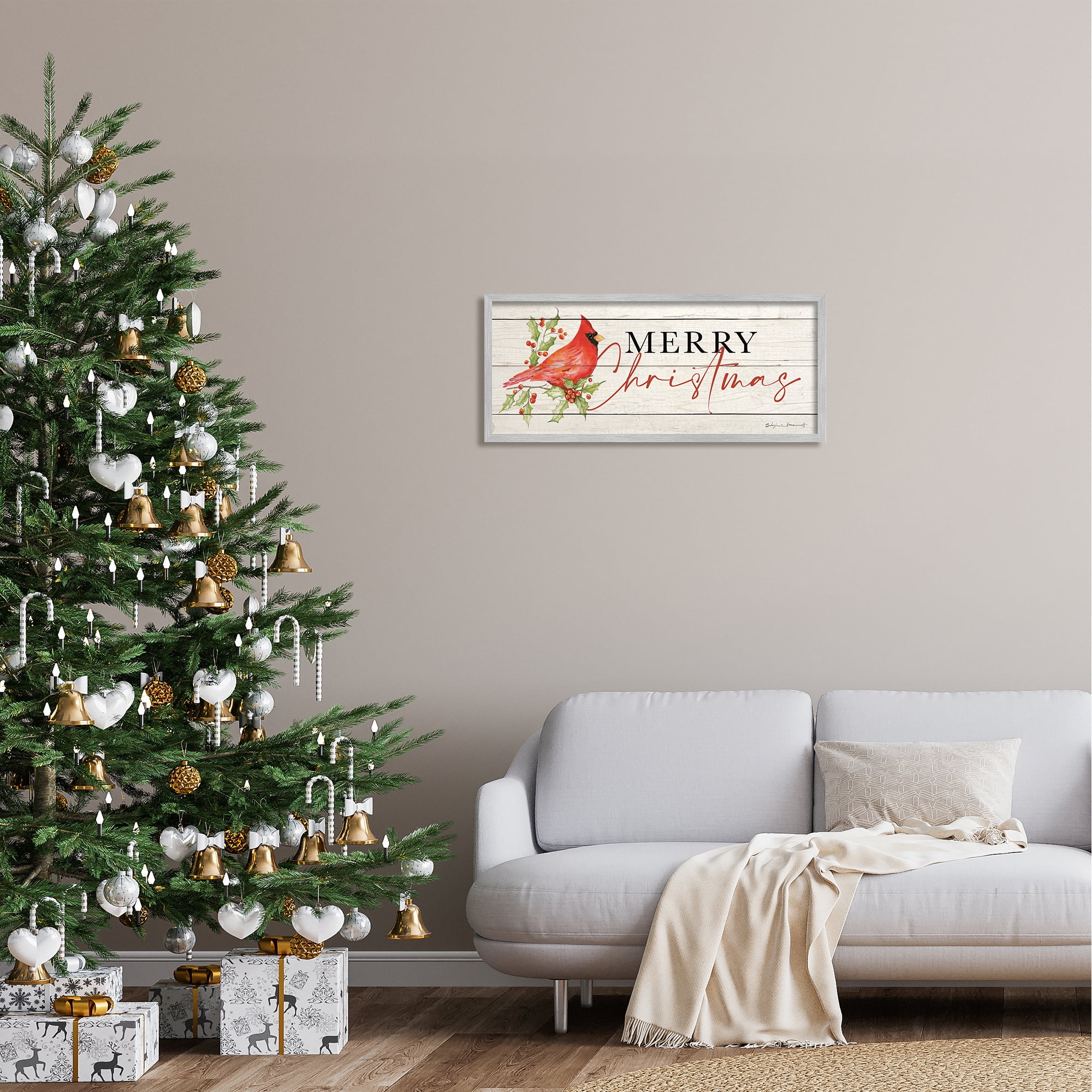 Stupell Industries Merry Christmas Holiday Cardinal Holiday Painting Gray Framed Art Print Wall Art