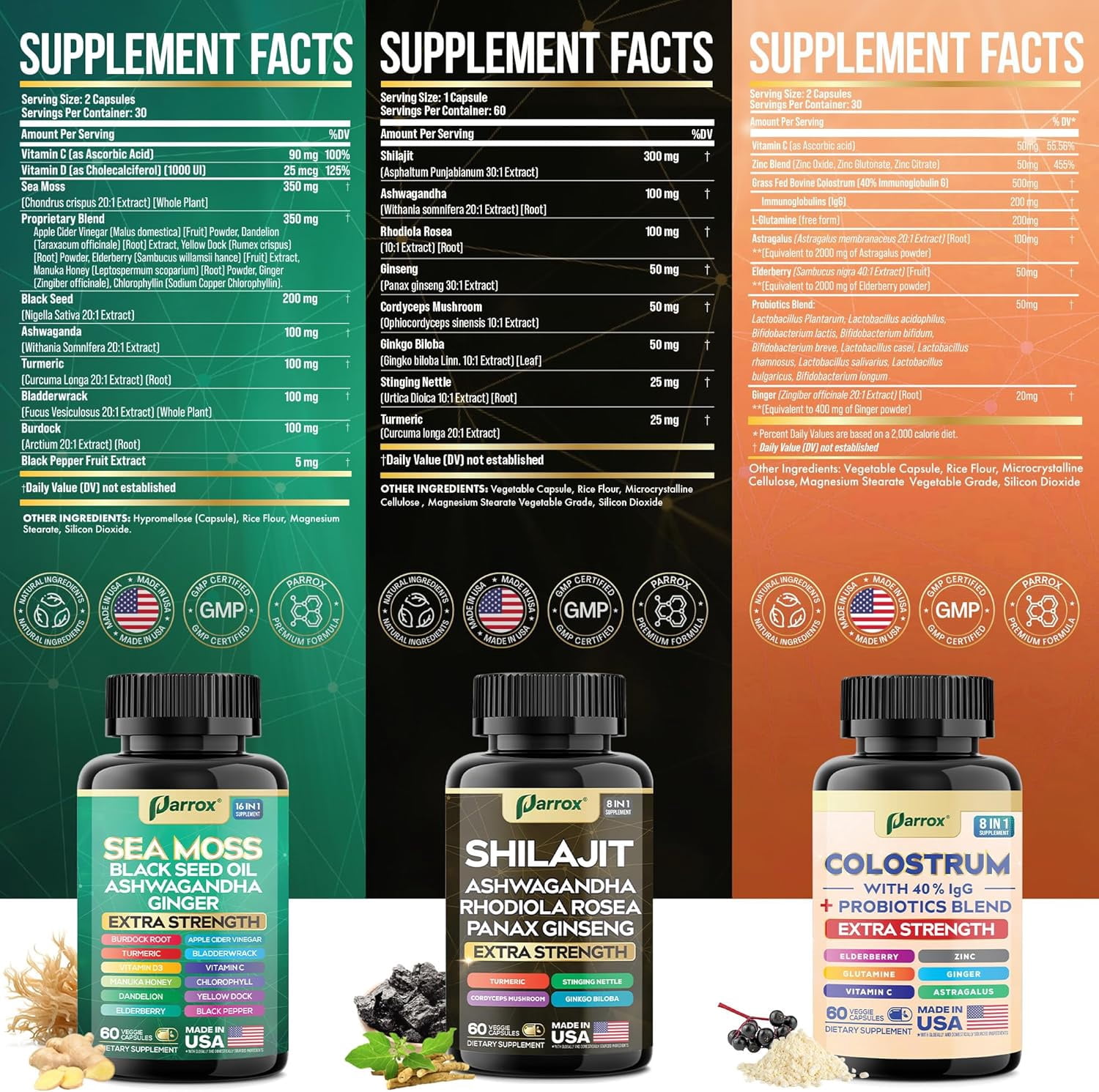 Parrox Complete Vitality Trio - Sea Moss, Black Seed Oil, Ashwagandha, Burdock Root, Colostrum, Probiotics, Elderberry, Vitamin C, Astragalus, Panax Ginseng, Ginkgo Biloba, Rhodiola Rosea, Turmeric