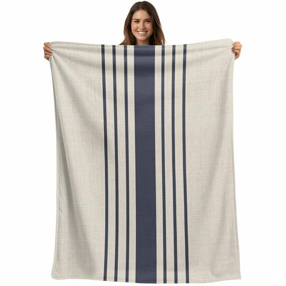 Flannel Fleece Throw Blanket Modern Navy Blue White Stripe Lightweight Soft Plush Blankets,Retro Linen Texture Cozy Warm Throw Blanket for Couch Sofa Bed Car Office 40x50in