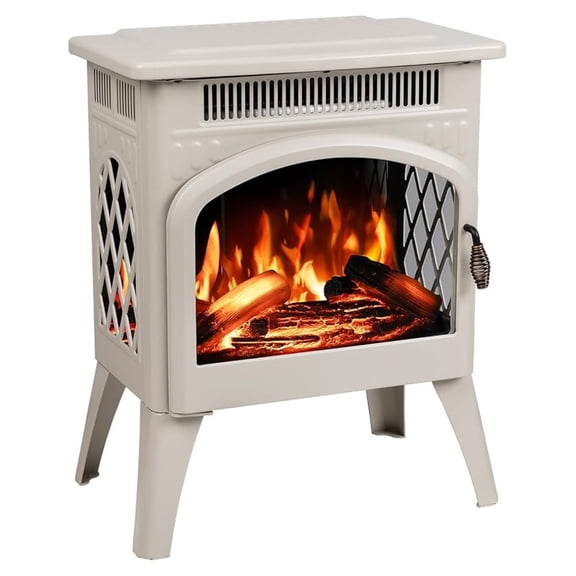 Electric Fireplace Heater 17" with Control, Cathedral Stylish, Different Flame Effects and Log Set Colors, Adjustable Brightness and Heating Mode, Overheating Safe Design, Beige