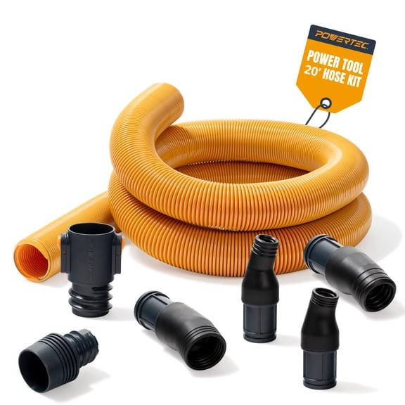 POWERTEC Power Tool Hose Kit w/ 20’ Vacuum Hose, 4 Quick Change Adapters & Threaded Coupler – Dust Collector Hose Kit for Connecting Table Saw, Power Tools to Shop Vacuums and Dust Collection System