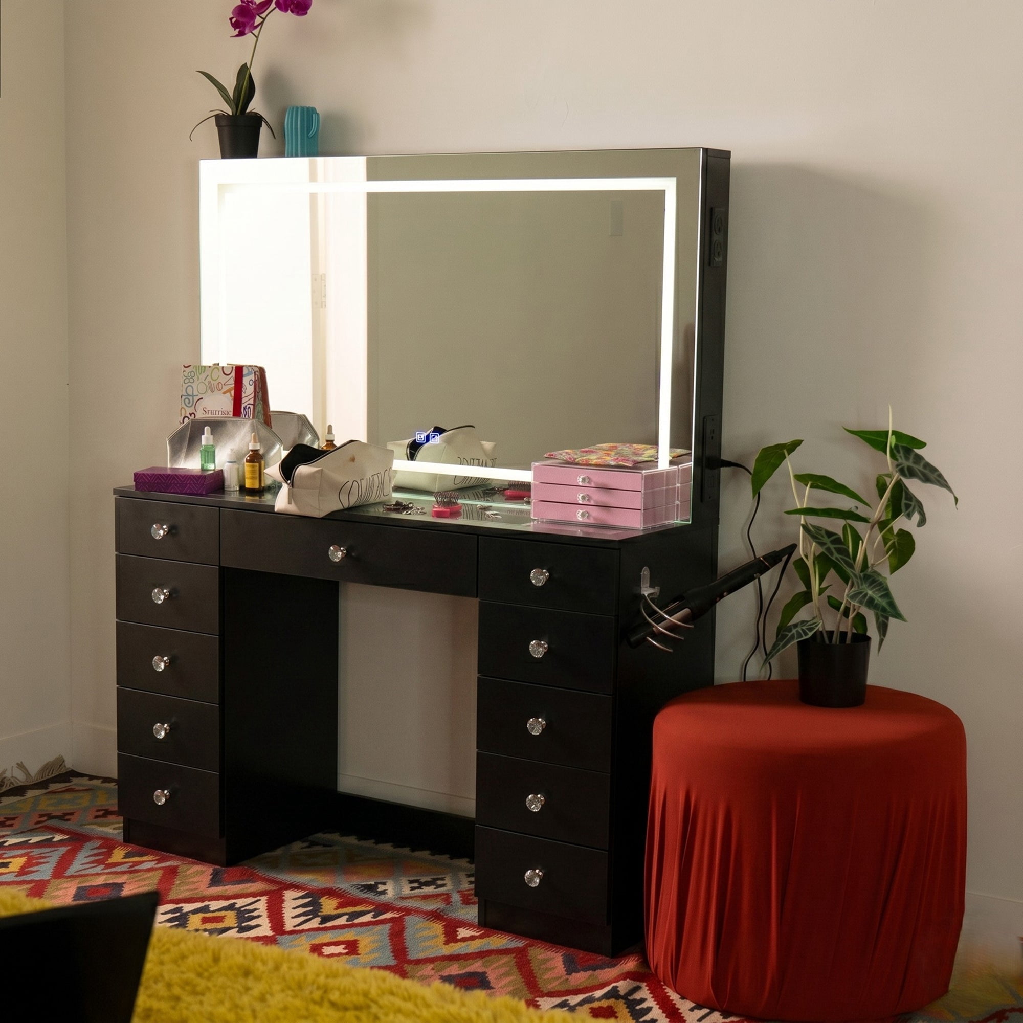 Boahaus Amelia Vanity Desk with Mirror and Lights – 11 Drawer Makeup Vanity Table with Storage, Power Outlet and Speakers