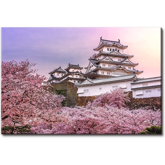 Sakura Blossom Canvas Wall Art Oriental Cherry Landscape Painting Poster Japanese Temple Scenery Prints Picture Pink Romantic Bedroom Decor Nature Artwork for Living Room Bedroom Decoration 12x16"