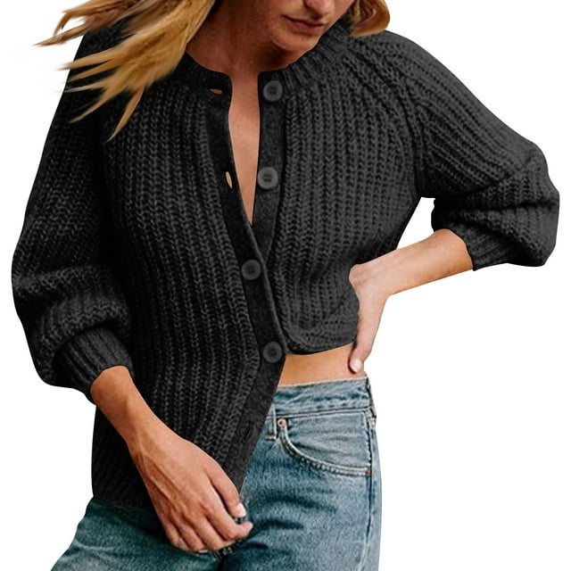 Penkiiy Cardigan Décontracté pour Femme à Manches Longues, Col Ras du Cou, Boutonné, Chandail en Tricot, Manteau, m Noir