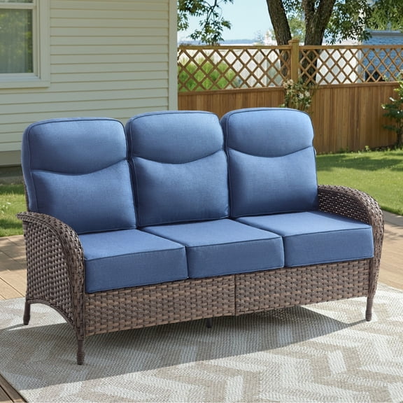 Unnifurnzi Outdoor Wicker Couch-All Weather Rattan 3 Seater Patio Couch with 6'' Thick Cushions High Back Outdoor Sofa for Deck Lawn Porch Balcony Poolside-Brown/Blue