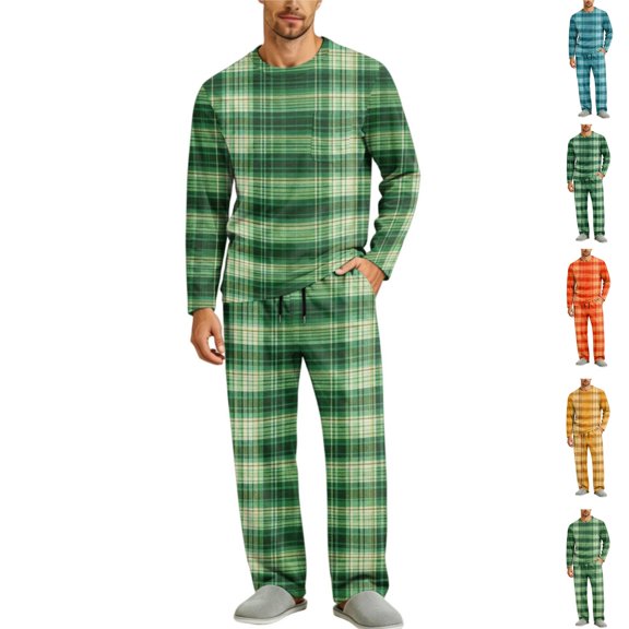 HAJWOH Men's Long Sleeve Plaid Pajama Set with Elastic Drawstring Waist Pants for Home Loungewear