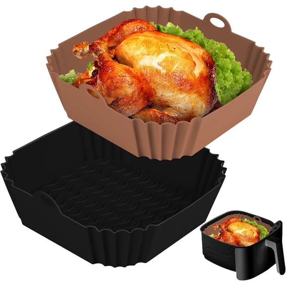 2 PCS Square Silicone Air Fryer Liners - 8 Inch Reusable Air Fryer Pot - Air Fryer Accessories - Air Fryer Inserts for 4 to 7 QT Oven Microwave Accessories (Black   Brown)