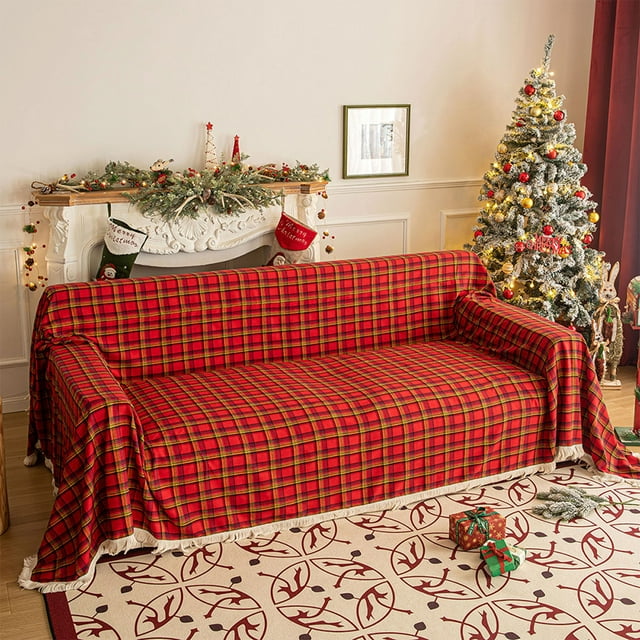 QIPOPIQ Buffalo Plaid Sofa Covers for Sectional Sofa Farmhouse Checkered Fringe Couch Cover for Dogs Loveseat Covers Futon Cover L Shaped Cover Washable Couch Protector