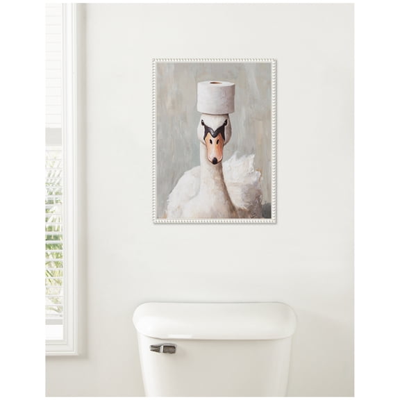 Kate and Laurel Toilet Paper Roll on White Swans Head Bathroom Art Framed Canvas Wall Art by The Creative Bunch Studio 18 x 24 Sylvie Beaded White, Whimsical, Humor, Animals, Bathroom Art for Wall