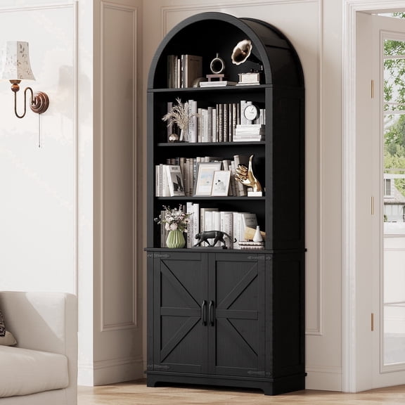 6-Tier Farmhouse Arched Bookshelf Bookcase with Doors, Tall Storage Cabinet and Display Shelves, Open Shelves for Living Room or Office, Black