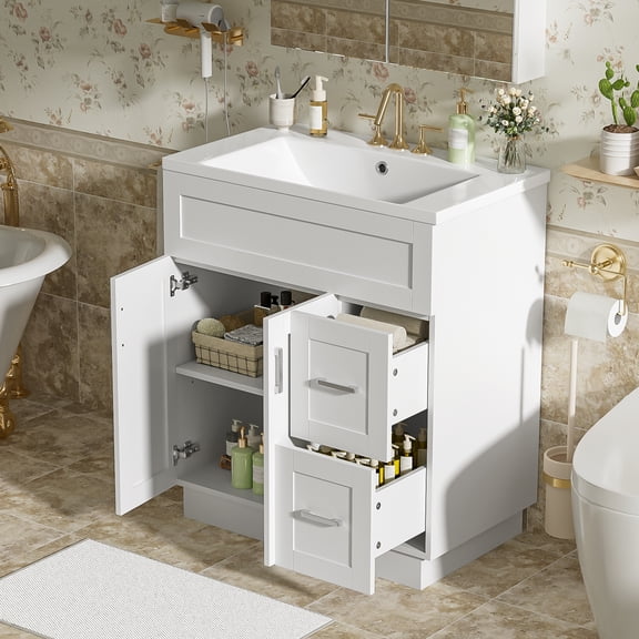 MODERNLUXE 30" Bathroom Vanity with Sink Combo,Freestanding Modern Bathroom Storage Cabinet with 2 Drawers, Adjustable Shelf & Soft Closing Doors,Solid Wood Vanity Cabinets, White