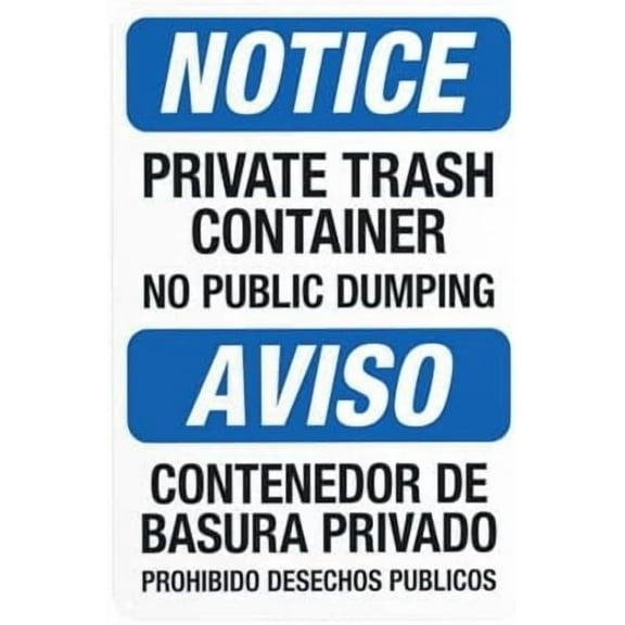 Notice Private Trash Container Bilingual Warning Sign, Metal Signs for Business Home Outdoor Indoor Road Yard Garage Street Wall Caution Custom Decor 8 x 12 Inch