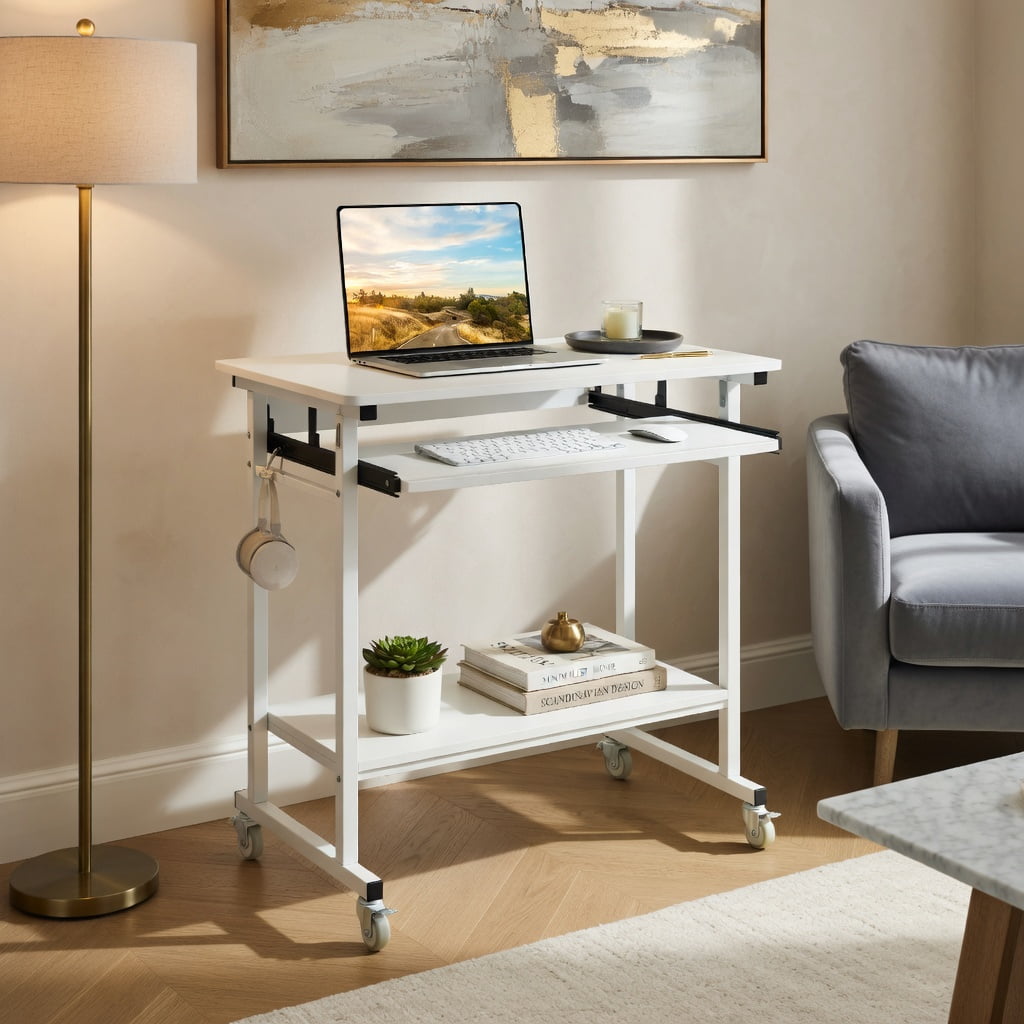 Demi Bonn Rolling Laptop Table with Pull-out Keyboard Tray and Hooks, Mobile Storage Desk for Home Office Bedroom Dorm, Smooth Casters with Brakes, White