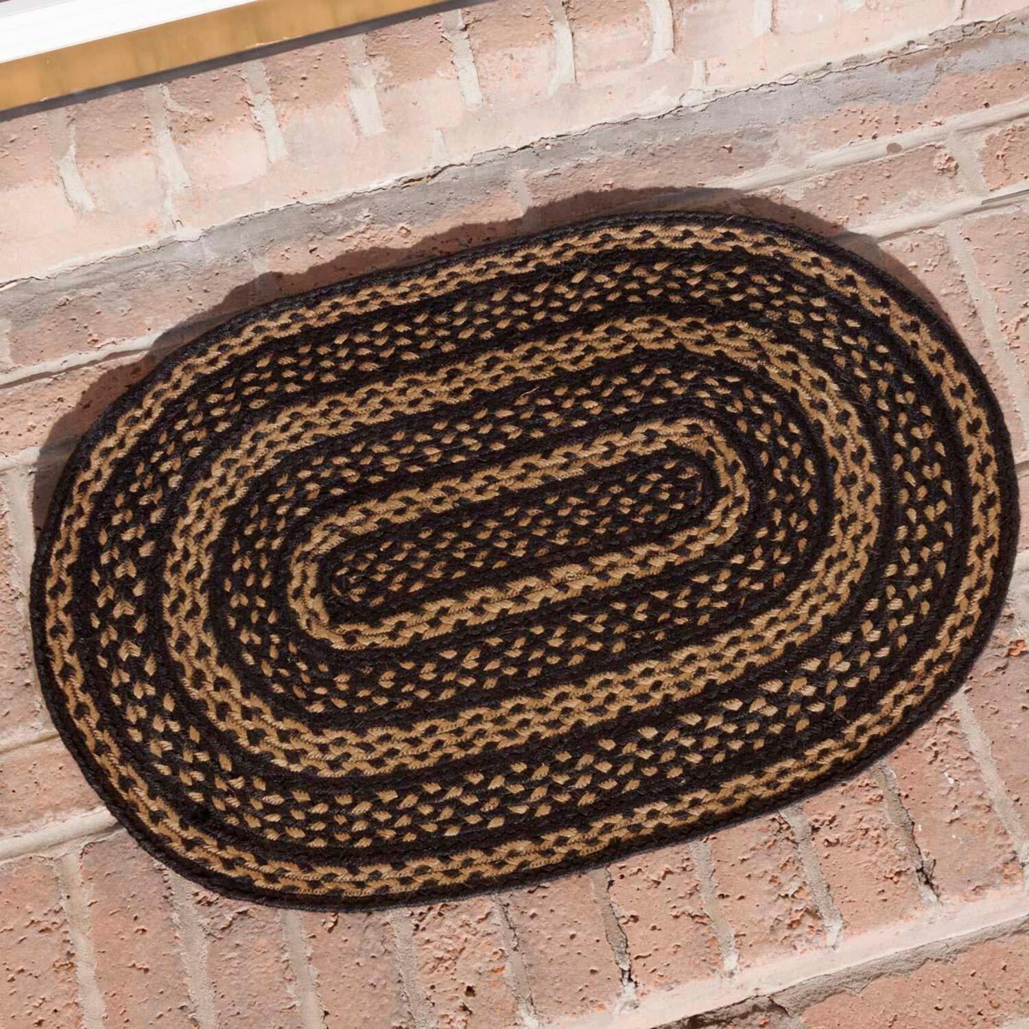 Rug Black  Tan Braided Jute Country No Slip Floor Decor TCC Brands