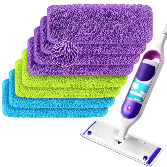 ZenClean Reusable Chenille Mop Pads 8 Pack Compatible with SwifferPower Mop for Wet & Dry Floor Cleaning (3 Colors)