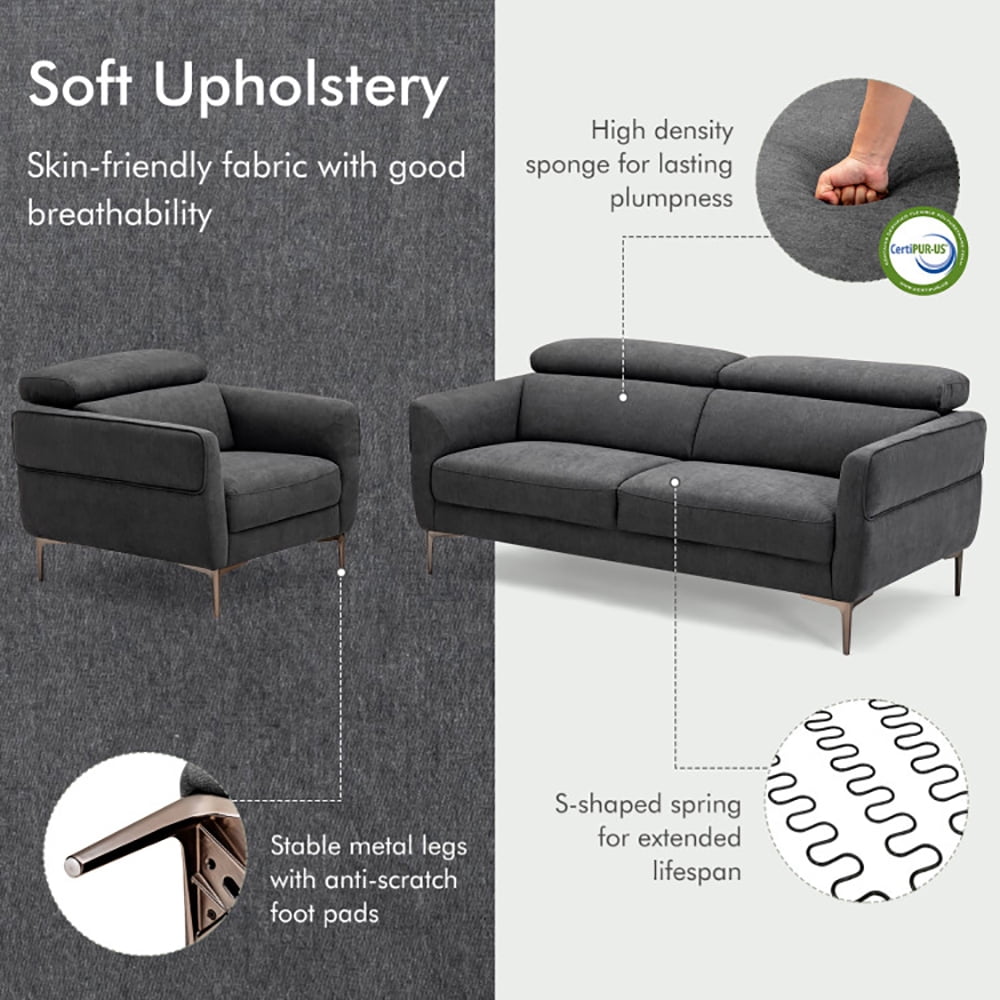 Finihen Sofa Set, Modern Sofa Couch, Modern Couched Sofa set with Adjustable Headrest, for Living Room, Bedroom, Gray