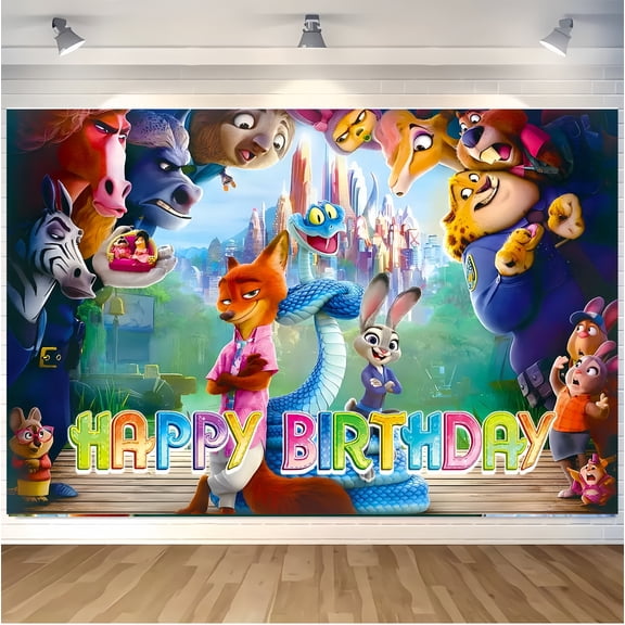 Happy Birthday Zootopia Theme Backdrops Banner Birthday Party Decor Supplies,5.9x3.6ft
