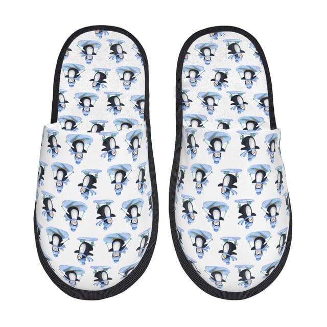 Fotbe Skiing Penguin Funny Pantuflas Peludas para Mujer con Estampado, Zapatillas de Peluche, Zapatos de Invierno para Casa, Uso Interior y Exterior-Large