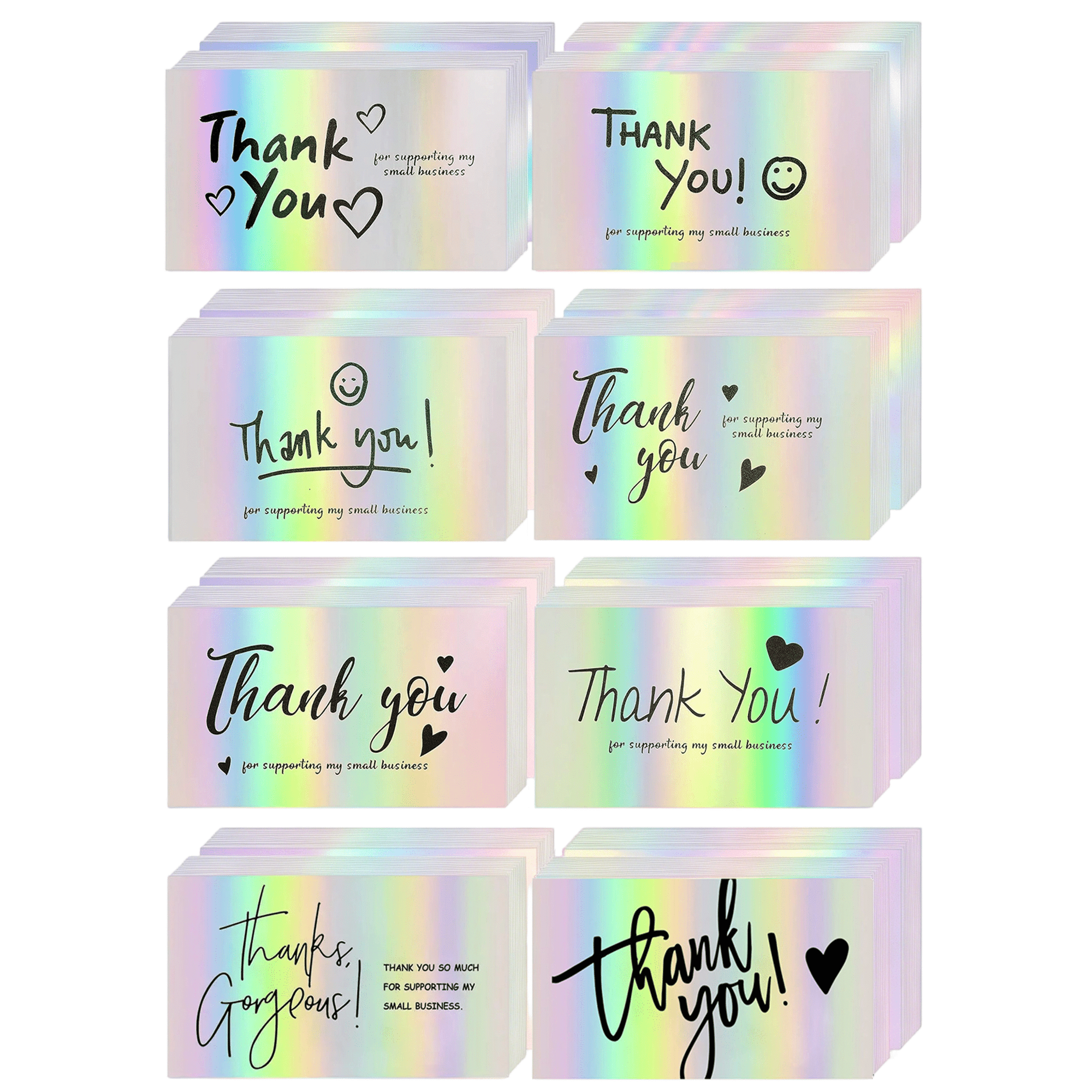 400 Pack 2"x3.5" Bluk Holographic Thank You Cards, 8 Assorted Iridescent Designs for Small Business Customer Appreciation