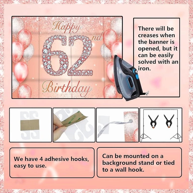 "Happy 62nd Birthday" Large Purple Banner - 78" X 47" Backdrop For Party Decor & Photo Props