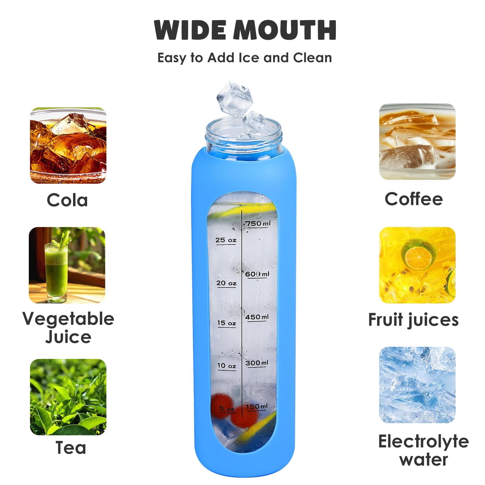 Glass Water Bottles 32oz with Silicone Sleeve Drinking Hydration Bottles Reusable Borosilicate Wide Mouth Motivational Water Flask Canteen with Time Marker Spout Lid and Brush