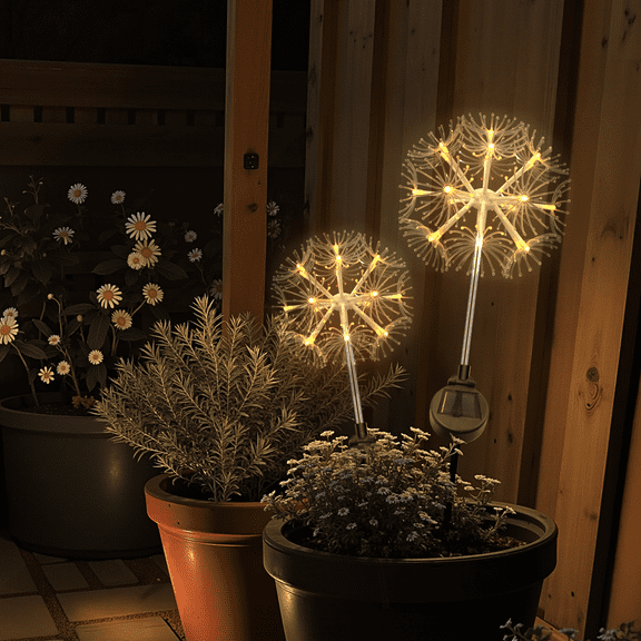 2 Pack Solar Powered Garden Lights Outdoor Decor, Waterproof Lighted Dandelion Branches, Starburst LED Sparkler Fairy Lights For Yard, 4th Of July Decorations, Auto On/OFF,Warm White