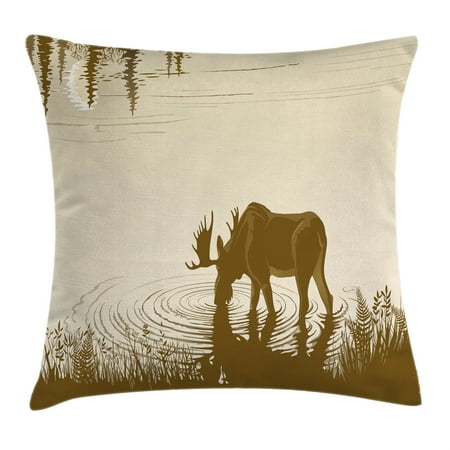 Lake Forest Market Square Christmas Animal Throw Pillow Cushion Cover, Silhouette of Elk Drinking Water in Lake River Forest Wildlife Scenery Illustration, Decorative Square Accent Pillow Case, 16 X 16 Inches, Cream Sepia, by Ambesonne ()