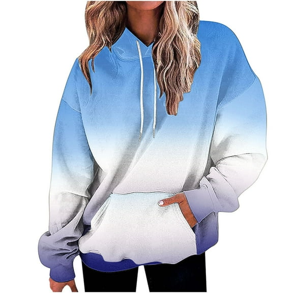 Womens Gradient Color Hoodies Casual Drawstring Long Sleeve Sweatshirt Trendy Comfortable Pullover Sweatshirts with Pocket Blue L