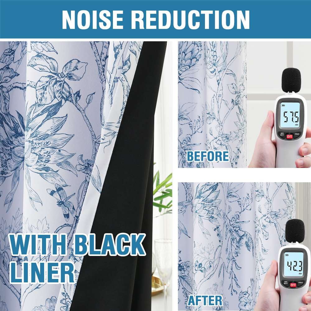 H.VERSAILTEX 100% Blackout Curtains Camellia Floral Printed Drapes Leah Floral Thermal Bedroom Curtains for Living room with Black Liner 2 Panels,52" x 84",Stone Blue