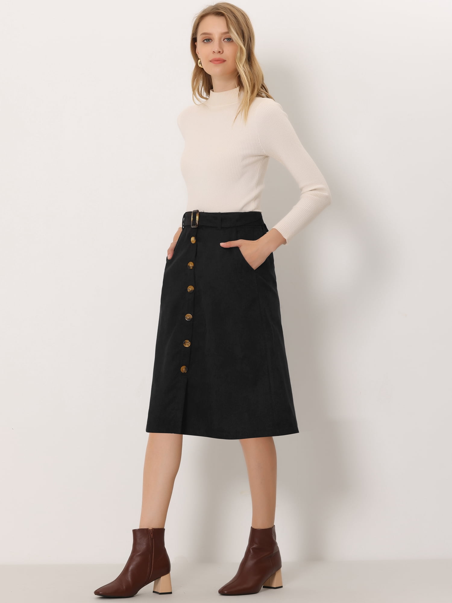 DARING DIVA Women's A-Line Button Front Belted Midi Skirts 2XL Black