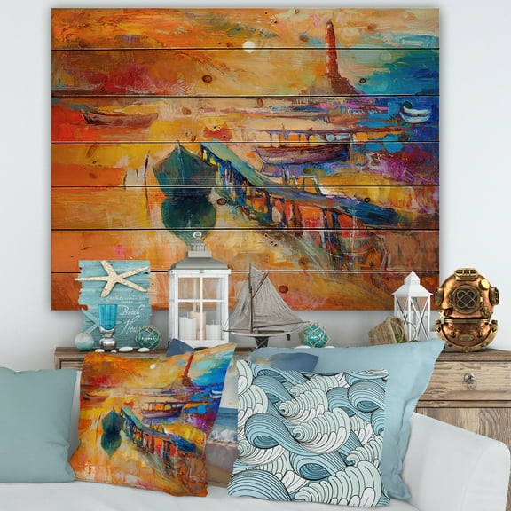 Designart 'Boats Near Coastal Town Resting On The Water III' Nautical & Coastal Print on Natural Pine Wood