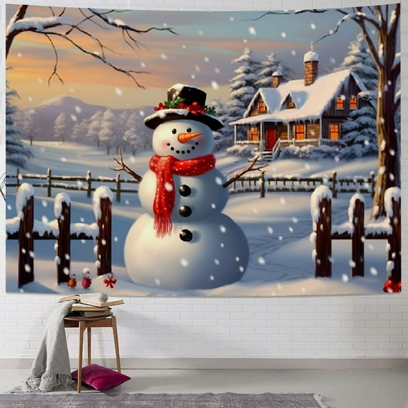 Pratyus Snowman Winter House Tapestry Wall Hanging for Bedroom Living Room Dorm Christmas Decoration Short Plush Fabric 40x30inch