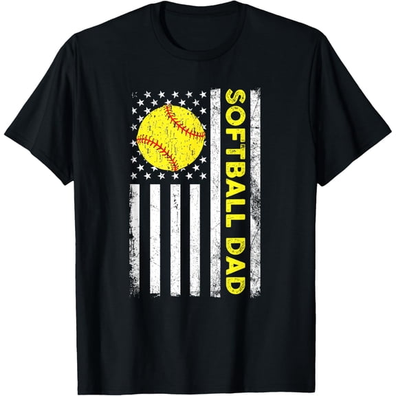 Softball Dad Distressed American Flag Fathers Day T-Shirt