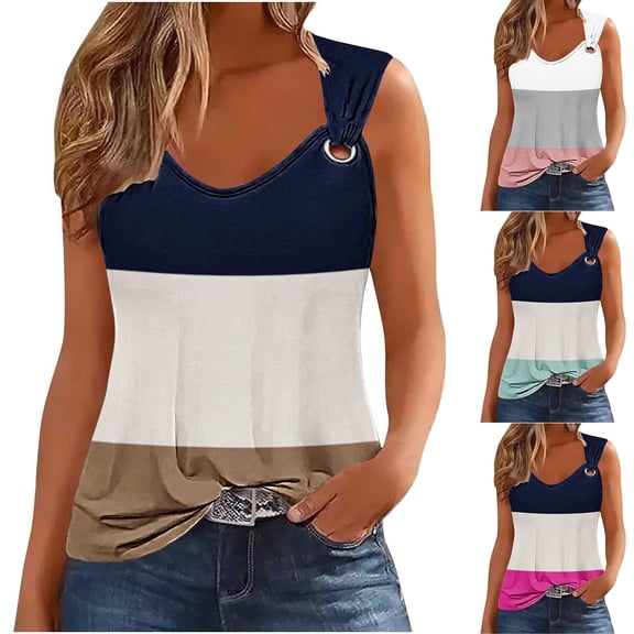 Wlynlyn Tank Tops for Women Summer V Neck Wide Strap Camisole Casual Sleeveless Loose Color Block Blouses