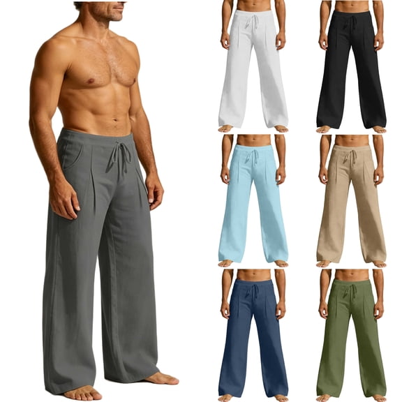 YOIAVAIOY Cotton Linen Pants Men Casual Loose Fit Elastic Drawstring Waist Wide Leg Pant Lightweight Summer Beach Pants Pockets Purple M
