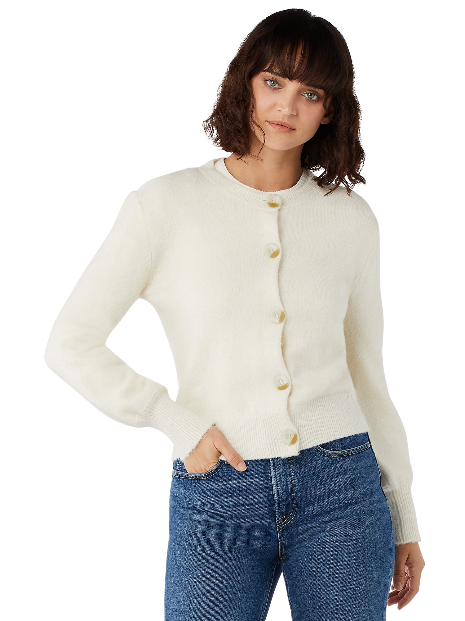 Free Assembly Women’s Cropped Cardigan Sweater with Blouson Sleeves ...