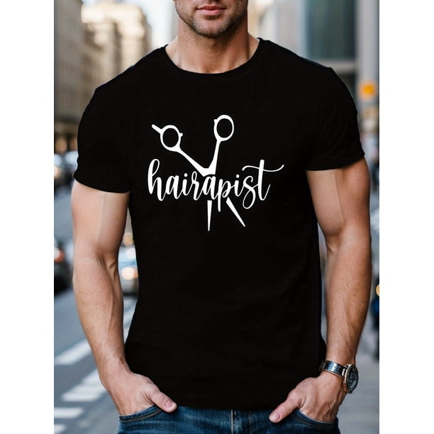 Camiseta informal de cuello redondo para hombre con diseño geométrico de tijeras de peluquería, tejido de punto 100 % poliéster, ligeramente elástica, corte regular, top de verano - 150 g/m²