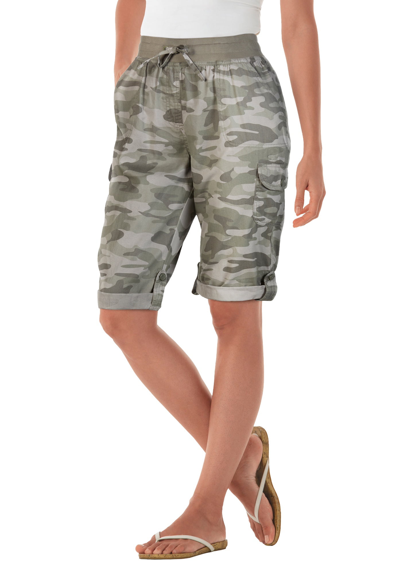 Woman Within Womens Plus Size Convertible Length Cargo Short 26 W Olive Green Tropical Leaves 