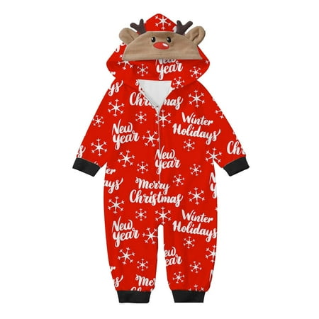 

Family Christmas Pjs Casual Parents and Children Deer Head Print Home Wear Hooded Baby Pajama Set