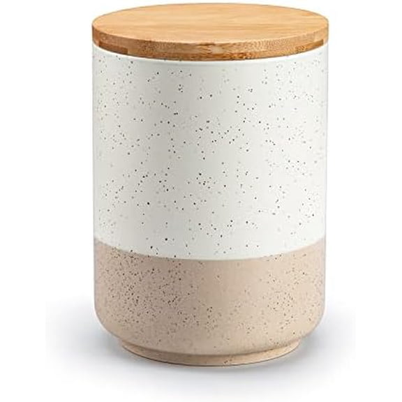 Sabine Ceramic Canister with Airtight Wood Lid - 36 oz Kitchen Storage Container for Coffee, Tea, Sugar, Nuts & Spices - Medium Countertop Jar
