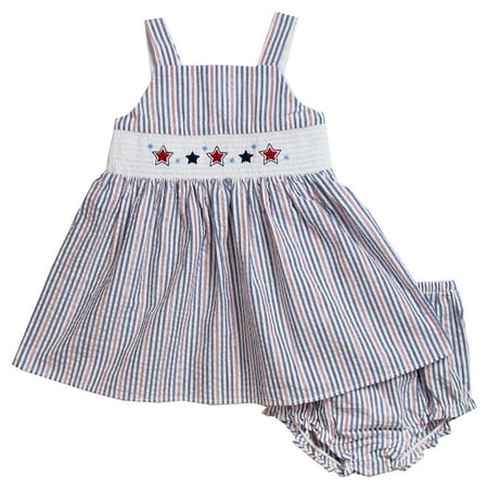 Good Lad Newborn/Infant Red,White, and Blue Smocked Seersucker Sundress with July 4th Embroidery and Matching Panty